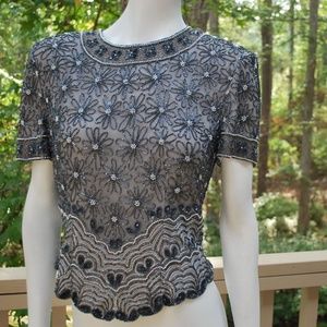 Papell Boutique Elegant Black Grey Silver Top